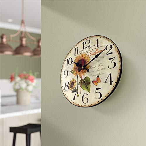 Qukueoy 12 Inch Sunflower Kitchen Wall Clock Rustic Farmhouse Clocks, Thick Wood Home Decor Clock For Bedroom, Office, Dinning Room, Silent Battery Operated (White) #TOP5