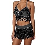 Tenue scintillante de danse orientale – Ensemble deux pièces pour femme composé d’un haut dos à franges et d’une jupe courte assortie, entièrement recouverts de paillettes étincelantes qui reflètent magnifiquement la lumière sur scène.