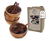 BestySuperStore Set of 4 Small Round Acacia Wooden Bowls 3¾ Inch Diameter 1½' High With Spoons - Stackable Mixing Bowl Salad Soup Snack Dip Sauce Charcuterie Wood Tableware Sets for Decor and Serving