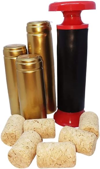 Home Winemaking Closing Kit - Hand Corker Machine with 20 Natural Corks & 100 Gold Heat Shrink Capsules - Professional DIY Wine Bottling Starter Set for Airtight Sealing