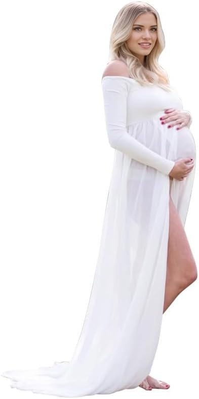 Maternity Dress Photoshoot Off Shoulder Strapless Gown Photography Split Front Long Sleeve Full Length Baby Shower Dress Pregnancy Dresses One Size Fits All