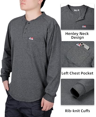 Image of BOCOMAL FR Shirts for Men Long Sleeve EX Soft Flame Resistant Henley CAT2 | NFPA2112 6oz Midweight Cotton Knit Heather Series,Moisture-Wicking /Breathable,Chest Pocket,Rib-Knit Cuffs,Summer Work T Shirt