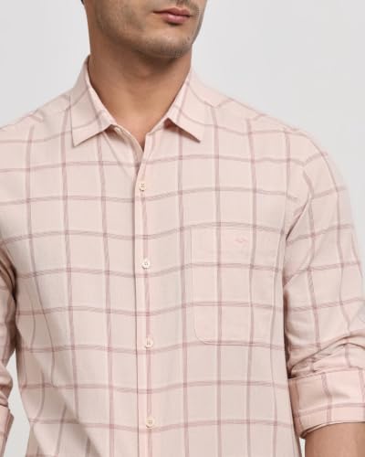 Image of MUFTI Men Smart Casual Shirt | Slim Fit Full Sleeve Spread Collar Windowpane Checks | Cotton Linen Blend Button Placket with Embroidery for Office Wear