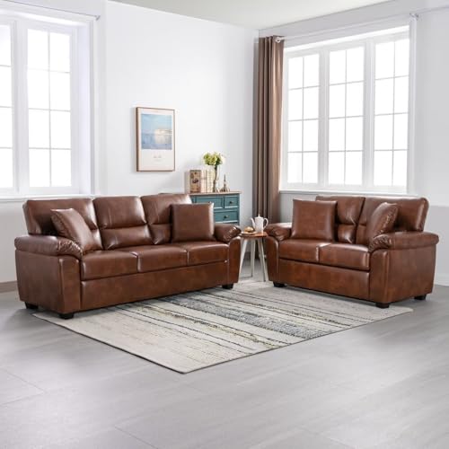 Image of Anderson 3+2 Seater Sofa Set | Sectional Sofa 5 Seater 3 Plus 2 | 5 Seater Leather Sofa for Living Room Office | Leather Sofa Set 5 Seater Tan | Leatherette Sofa Tan Brown Color