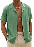 Halfword Camisa Lino Hombre Manga Corta Verano Casual Coton Botones Camisa Suelta Playa Boda Blanca Shirt Verde XL
