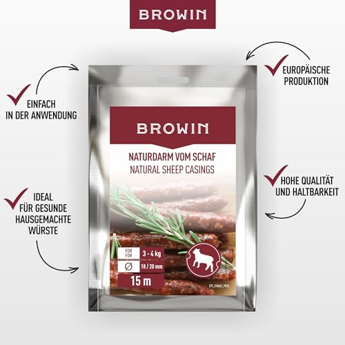 BROWIN® Naturdarm für Wurst | Premium Naturdarm für hausgemachte Würstchen, Wacholderwurst, Weißwurst, Bratwurst (Kaliber 18-20, 15 Meter, Naturdärme vom Lamm)