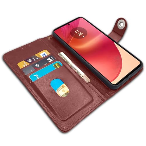 Image of Pikkme Motorola Moto Edge 50 Fusion 5G / Motorola Moto G96 5G Flip Cover Leather Finish | Inside TPU with Card Pockets | Wallet Stand and Shock Proof | Complete Protection Button Flip Case (Brown)