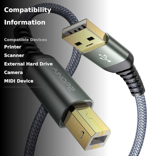 AINOPE USB A to USB B Priner Cable 6.6ft High-Speed Nylon Braided USB 2.0 MIDI Cable, Printer Cord for HP, Canon, Brother, Samsung, Dell, Epson, Lexmark, Xerox, and More, Grey