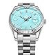 Alienwork Armbanduhr Herren Damen Silber Edelstahl Metallarmband Kalender Datum Hellblau Klassik Elegant