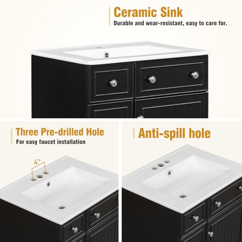 Image of 24 Inch Bathroom Vanity with Ceramic Sink, Freestanding Vanity Cabinet with 2 Drawers and 1 Door (Black)