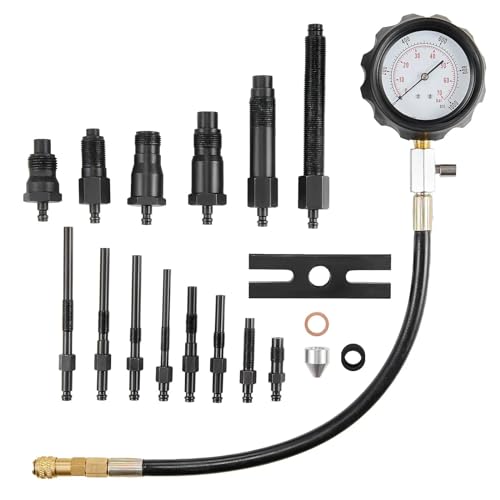 ECILKUC Diesel Engine Compression Tester: 18-Piece Cylinder Pressure Test Tool Kit with 0-1000 PSI Gauge and Adapters for Diesel Trucks, Tractors, and Equipment