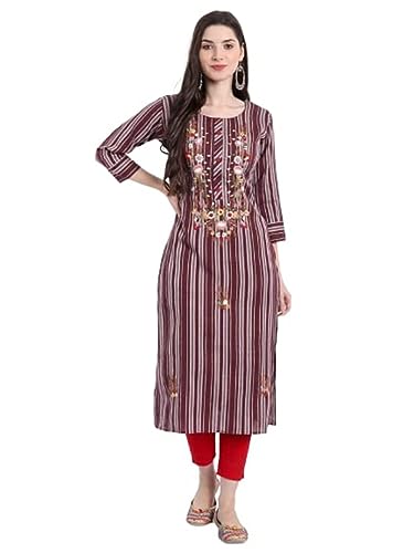 Image of Siyanic Marron Khadi Striped Womens Cotton Kurta || Cotton Kurta || Womens Khadi Kurta