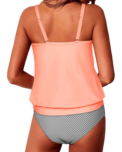 Image of Yonique Women Vintage Chevron 2 Piece Ruched Padded Tankini Set Flyaway Top With Triangle Brief Bottom Bathing Suit