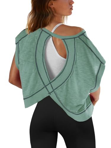 Image of SENSERISE Womens Open Back Workout Tops Backless Short Sleeve Athletic Shirt Running Crop Top Gym Yoga Tee