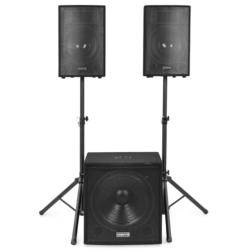 VONYX VX1218BT Pack Sono 2.1 Complet 1200W avec Subwoofer 18 Pouces et Enceintes 12 Pouces, Bluetooth 5.3, USB, SD, Pieds et Télécommande, Idéal pour DJ, Karaoké,...