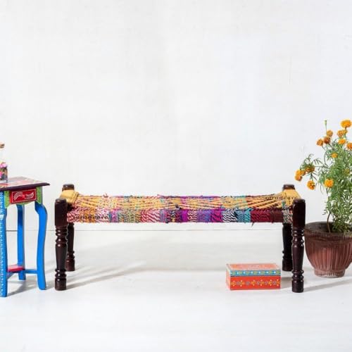 Image of Wooden Bench for Seating | Handcrafted Sheesham Wood Bench for Living Room, Balcony & Garden | Traditional Patio for Outdoor with Chindi Handwoven Rope | Yellow and Multicolor