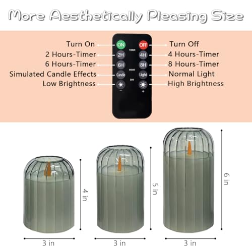 Image of LEDHOLYT Rechargeable Flameless Candle, Flashing LED Pillar Real Wax Candle with Remote Control and Timer, Green Pumpkin Glass Electronic Candles for Room Decoration, 1 Set of 3