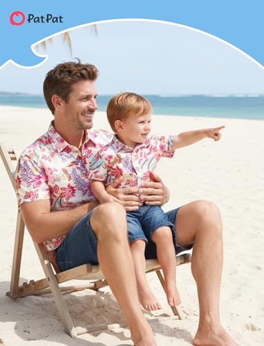 Image of PATPAT Family Hawaiian Matching Outfits - Mommy and Me Vacation Outfits | Halter Sundresses and Button Down Shirts,Caribbean Vacation Summer Tropical Outfits,Hawaiian Boho Tropical Floral Printed