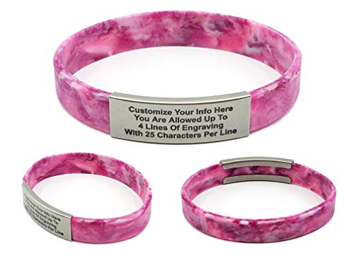 Waterproof Performance Pink CAMO Skinny Sport Fitness ID Bracelet Hypoallergenic Silicone with Free Engraving- Runners, Cyclist, Religious, Men, Women, Kids, Children, Fitness, Athletes