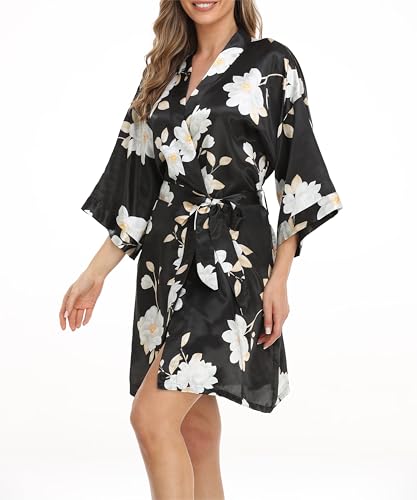 Image of Women's Short Satin Robes Lightweight Silky V-Neck Sleepwear Wedding Bridal Party Bride Bridesmaid Bathrobes