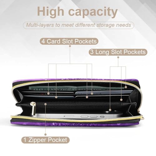 Girl's Long PU Wallet, Travel Purse Fashion Design, Huge Storage Capacity Purse, Cute Decor Zipper Wallet Purple Glitter Sparkle Pattern4