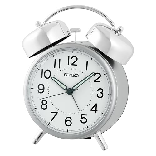 Image of Seiko QHK063S Analog Alarm Clock | Bell Alarm, Snooze, Light, Quiet Sweep Second Hand | White Dial, Silver Plastic Case (Size: 15.2 x 7.6 x 12.2 CM | Weight: 180 gram)