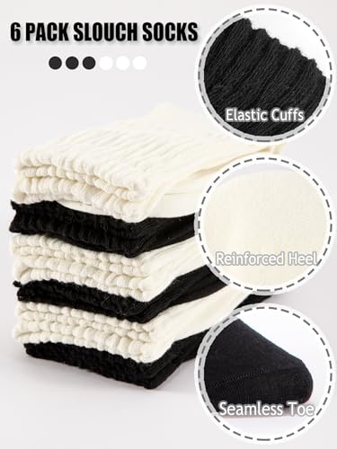 Image of 6 Pairs Women Slouch Socks, Mid Calf Rib Tube Scrunchy Slouchy Crew Socks for Women, Cotton Casual Socks