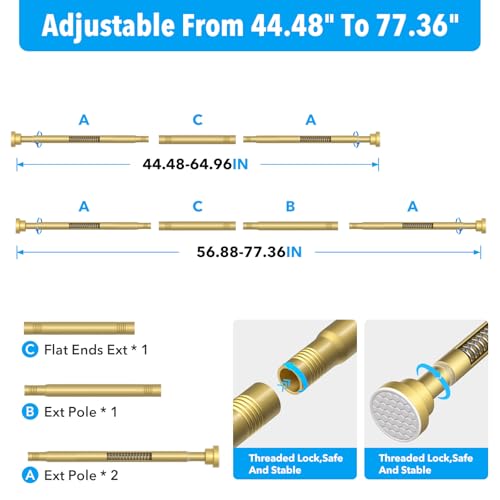 Image of Shower Curtain Rod Gold Tension Rod 45 to 77 Inch Spring Curtain Rod Shower rod Non Slip shower curtain rod 1pcs for Windows No Drilling Adjustable Tension Rods of Curtain Window Closet Kitchen
