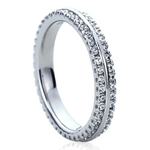 DoubleAccent Platinum Plated Sterling Silver Ring 1 CT CZ Stone Two Row Pave Setting Eternity Ring Wedding Band (Size 5 to 9)