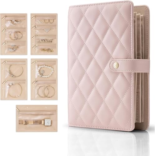 Image of Dangfly Travel Jewelry Organizer Book - Waterproof Leather Foldable Case with Adjustable Ring Binder & Transparent Pouches for Necklaces, Earrings, Bracelets, Rings - Gift for Women (1Pcs)