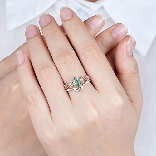 High-grade Natural Moss Agate Engagement Ring Set for Women 925 Sterling Silver 10K 14K 18K Gold Leaf Art Deco Genuine Green Moss Agate Bridal Promise Ring for Wedding Size4-124
