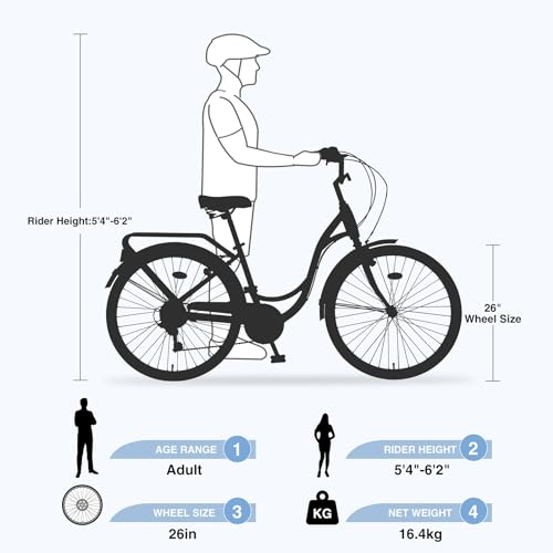 Bicicleta urbana de 26 pulgadas para mujer, híbrida ligera con asiento ajustable, 7 velocidades, neumáticos antideslizantes y frenos en V — estilo elegante multicolor miniatura 6
