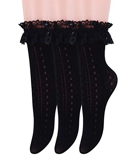 SEMOHOLLI Women Ankle Socks,Women Lace Ruffle Frilly Ankle Socks Fashion Ladies Girl Princess Campus Dance Socks (3 Pairs-black)