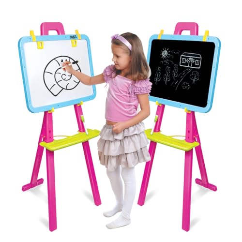 Image of Amazon Brand - Jam & Honey Easel Board I 5 in 1 Easel I Black and White Board with Chalk, Marker and Duster I with Stand|Education Toy for 3+ Year Kids (Magenta & Sky Blue)