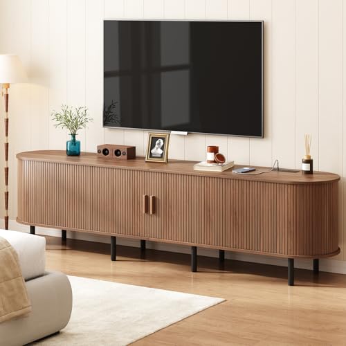 Image of ONBRILL 86.6 inch TV Stand with Power Outlet for TVs up to 90 Inch, Entertainment Center with Storage and Adjustable Shelves, Modern Media Console with Sliding Doors for Living Room, Walnut
