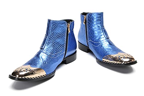 Santimon Metal-Tip Toe Genuine Leather Chelsea-Boots Beaded Zipper Buttons Fashion Comfort Ankle Dress Boot For Men Blue 8 Us #TOP3