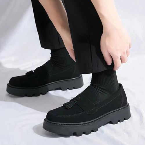 Men's Suede Tassel Platform Round Toe Casual Loafers Classic Retro Lug Sole Non Slip Chunky Heel Dress Business Penny Loafers for Party Formal Work Wedding 5