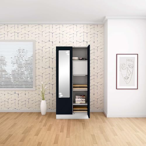 Image of Interio by Godrej Almirah Slimline 2-Door Steel Almirah, Cupboard for Clothes (Pacific Blue), 1-Year Warranty, 4 Shelves, 1 Drawer, 1 Locker, Star Design Mirror