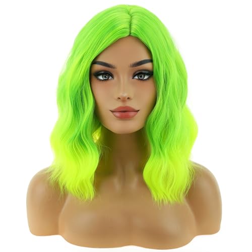BERON Green Wig Short Curly Wig Neon Green Bob Wigs Lemon Green Beach Wave Wigs for Cosplay Costume Party
