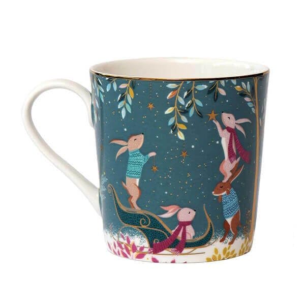 Sara Miller London Woodland Tales Mug, Rabbit Sleigh, Green, 9x12x9cm