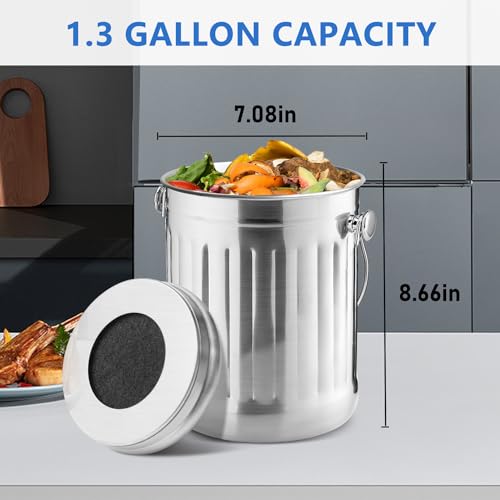 ENLOY Compost Bin for Kitchen Countertop, 1.3 Gallon Stainless Steel Indoor Compost Bucket for Kitchen Countertop Odorless Compost Pail for Kitchen Food Waste with Carrying Handle Easy to Clean by ENLOY - Image 2