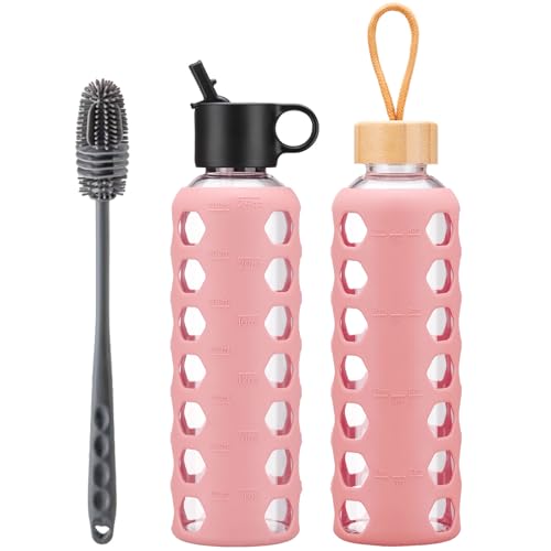 BLUEGO Glass Water Bottle, 700ml Borosilicate Drinking Bottle with 2 Lids-Handle Flip Straw Lid&Bamboo Lid, Motivational Water Bottle with Time Marker and Silicone Sleeve, Leakproof, Pink