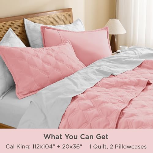 Image of Litanika California King Quilt Bedding Set, Bright Pink Oversized Lightweight Comforter Bedspreads & Coverlets, Boho Farmhouse Bedding Cover Bed Decor All Season, 3 Pieces (1 Quilt, 2 Pillowcases)