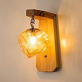 Chende ブラケットライト レトロ 木 アンバー ガラス 溶岩氷 1灯 LED電球対応 アイスキューブ型 壁掛け照明 アンティーク風 カフェ風 おしゃれ 北欧 明るい ウォールライト クラシック 和風 和室 寝室 書斎 洗面所 リビング ダイニング 玄関 廊下 階段 間接照明 WALL-LAMP-WD-07-JP