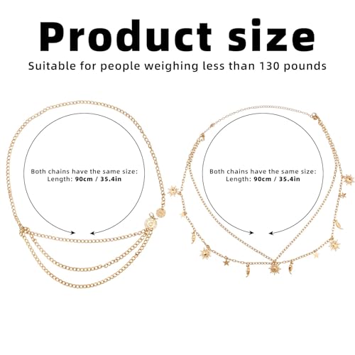 2 Pcs Gold Metal Waist Chain Set, Dainty Sunflower Body Chain Fashion Sun & Moon Waist Jewelry Adjustable Multilayer Body Jewelry Accessories for Women Dresses Jeans Decor Supplies2