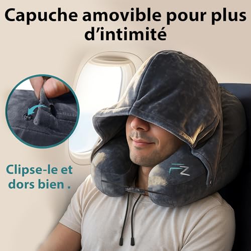 Coussin De Voyage Avion : FLOWZOOM AIR Coussin de Voyage Gonflable à Capuche pour Avion Noir Ta... – Image 5