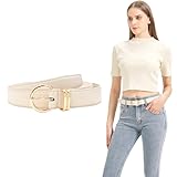 TeeYee Women's Belts for Pants and Jeans Skinny Leather Belts with Gold Round Buckle Ladies Dress Belt Beige S