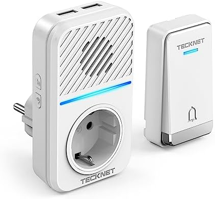 TECKNET IP65 Funkklingel Batterielose EU-Steckdose und USB 400M Reichweite | 60 Klingeltöne, 5 Tonstufen, LED-Blitz, IP65 wasserdicht außen, kein Batteriewechsel, 1 EU-Steckdose un