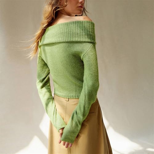 Image of Women Off The Shoulder Sweater Y2k Long Sleeve Boat Neck Knit Cropped Pullover Tops Fall Trendy Going Out Streetwear