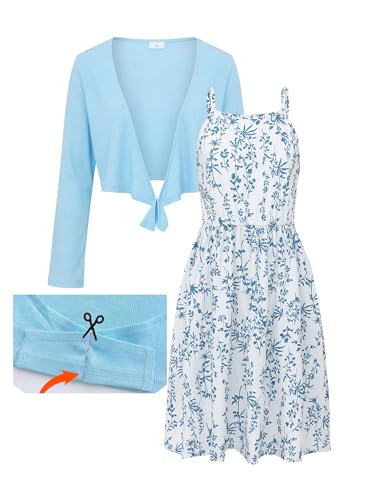 PureChapter Girls Floral Dress Cute Summer Outfits Sleeveless Dresses Cardigan 2 Piece Set for Tween Girls Blue Size 12